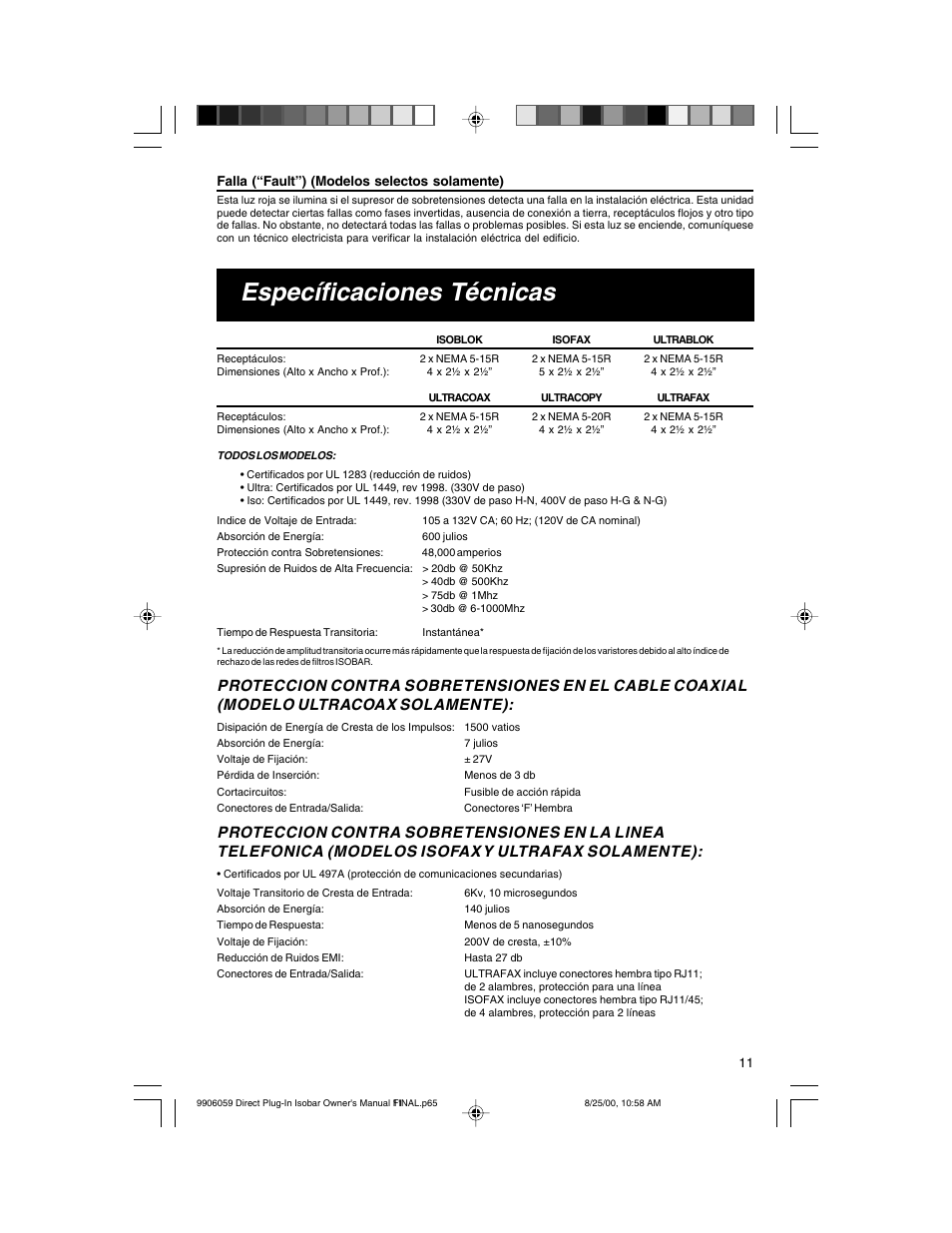 Específicaciones técnicas | Tripp Lite ULTRABLOK User Manual | Page 11 / 12