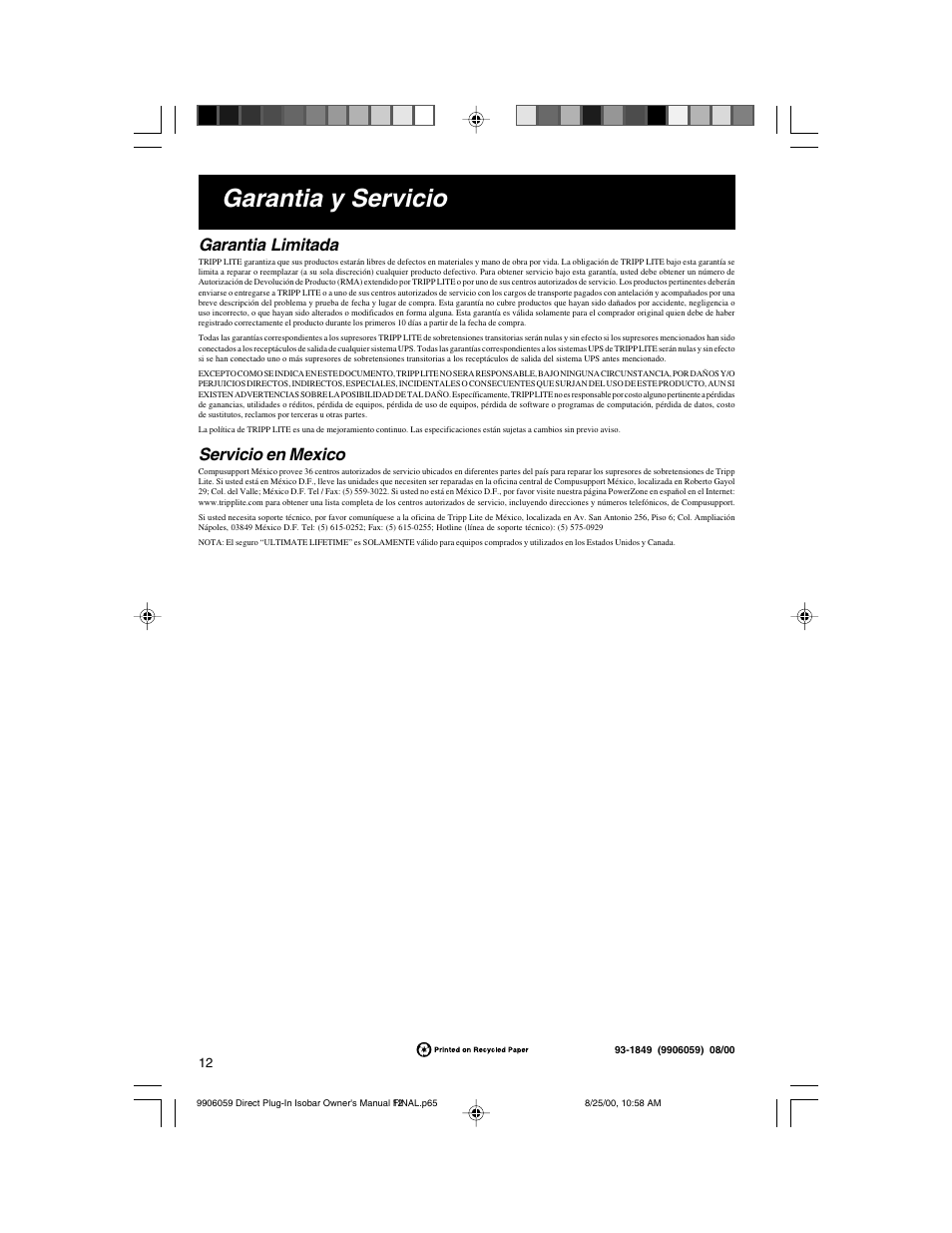 Garantia y servicio, Warranty & insurance: p. 6, Garantia limitada | Servicio en mexico | Tripp Lite ULTRABLOK User Manual | Page 12 / 12