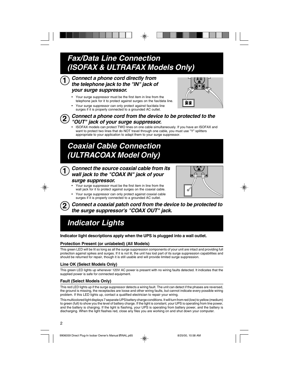 Coaxial cable connection (ultracoax model only), Indicator lights | Tripp Lite ULTRABLOK User Manual | Page 2 / 12