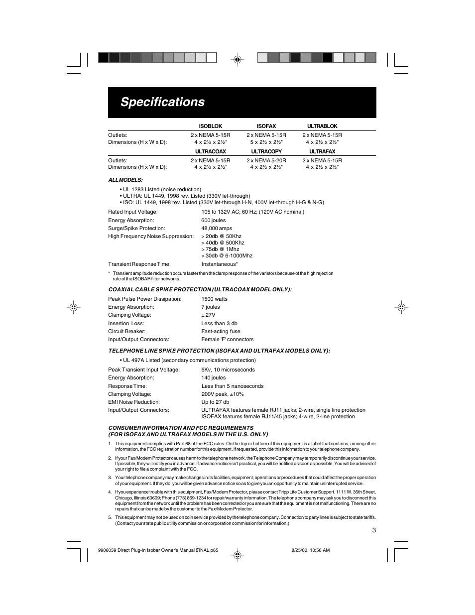 Specifications | Tripp Lite ULTRABLOK User Manual | Page 3 / 12