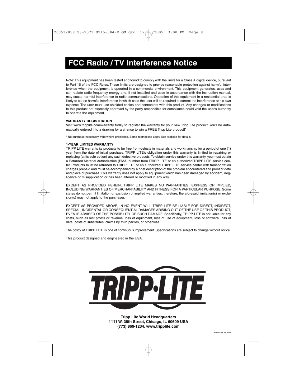 Fcc radio / tv interference notice | Tripp Lite U215-004-R User Manual | Page 8 / 8