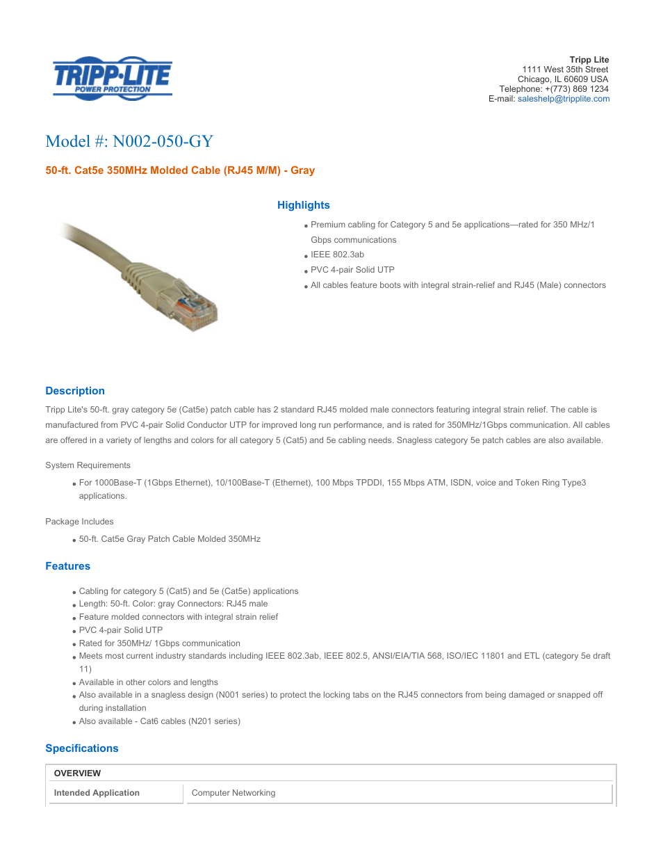 Tripp Lite N002-050-GY User Manual | 3 pages
