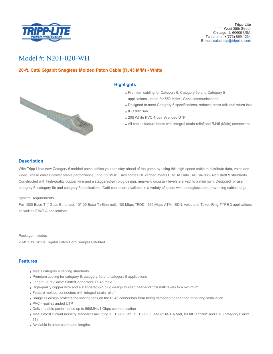 Tripp Lite N201-020-WH User Manual | 2 pages