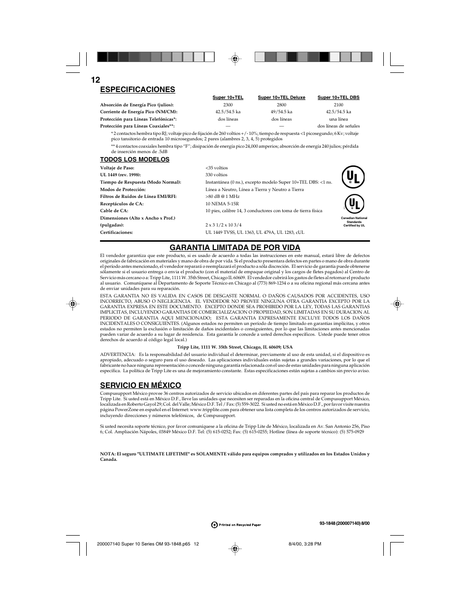 Garantia limitada de por vida, Especificaciones, Servicio en méxico | Tripp Lite SUPER 10+TEL User Manual | Page 12 / 12
