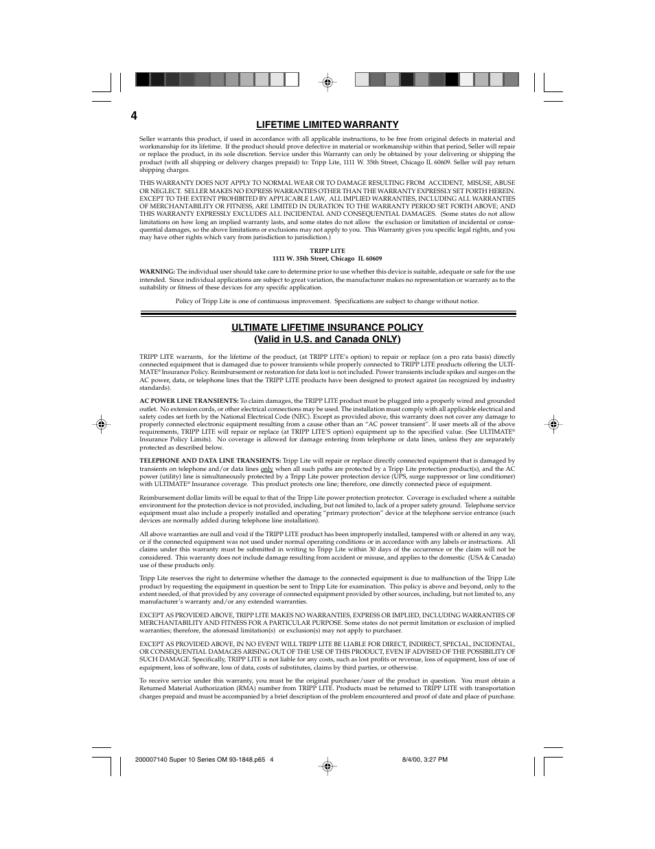 Lifetime limited warranty | Tripp Lite SUPER 10+TEL User Manual | Page 4 / 12