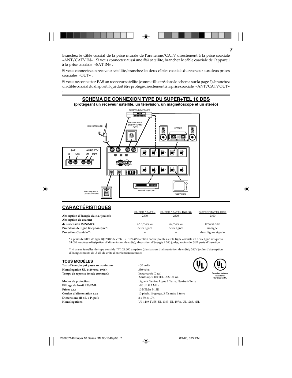 Caractéristiques, Schema de connexion type du super+tel 10 dbs | Tripp Lite SUPER 10+TEL User Manual | Page 7 / 12