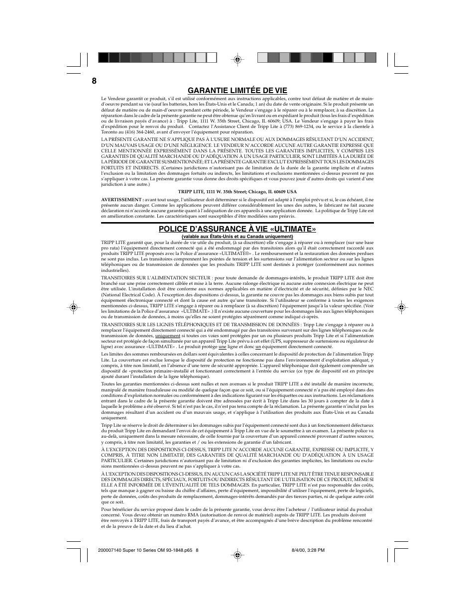 Garantie limitée de vie, Police d’assurance à vie «ultimate | Tripp Lite SUPER 10+TEL User Manual | Page 8 / 12