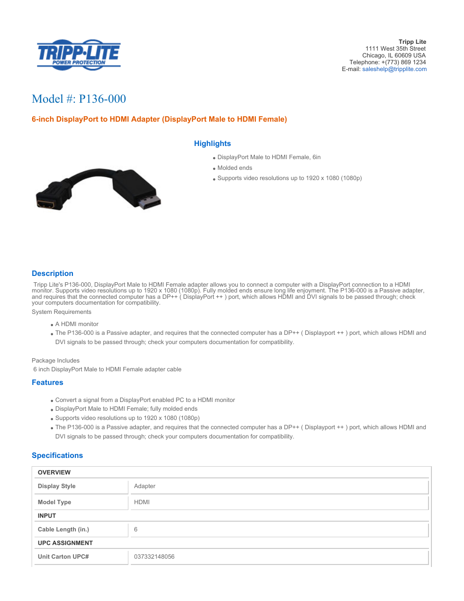 Tripp Lite DisplayPort to HDMI Adapter P136-000 User Manual | 2 pages