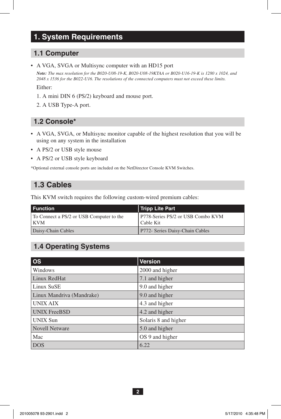 System requirements, 3 cables, 1 computer | 2 console, 4 operating systems | Tripp Lite B022-U16KVM User Manual | Page 2 / 8