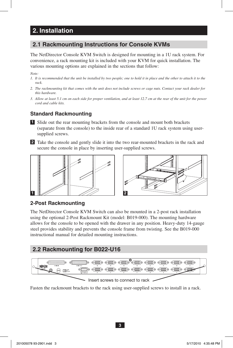 Installation, 1 rackmounting instructions for console kvms | Tripp Lite B022-U16KVM User Manual | Page 3 / 8