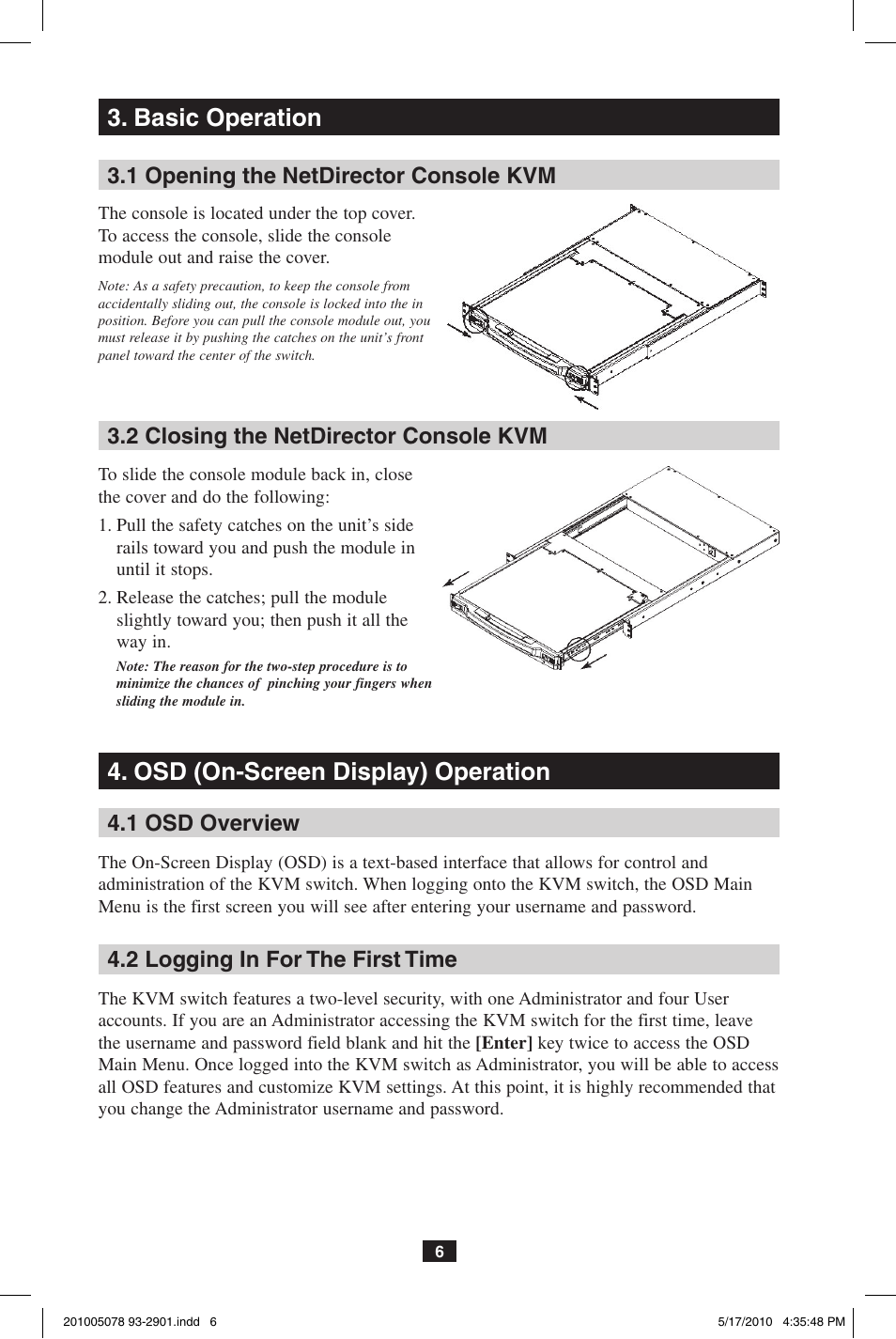 Osd (on-screen display) operation, Basic operation, 1 osd overview | 2 logging in for the first time | Tripp Lite B022-U16KVM User Manual | Page 6 / 8