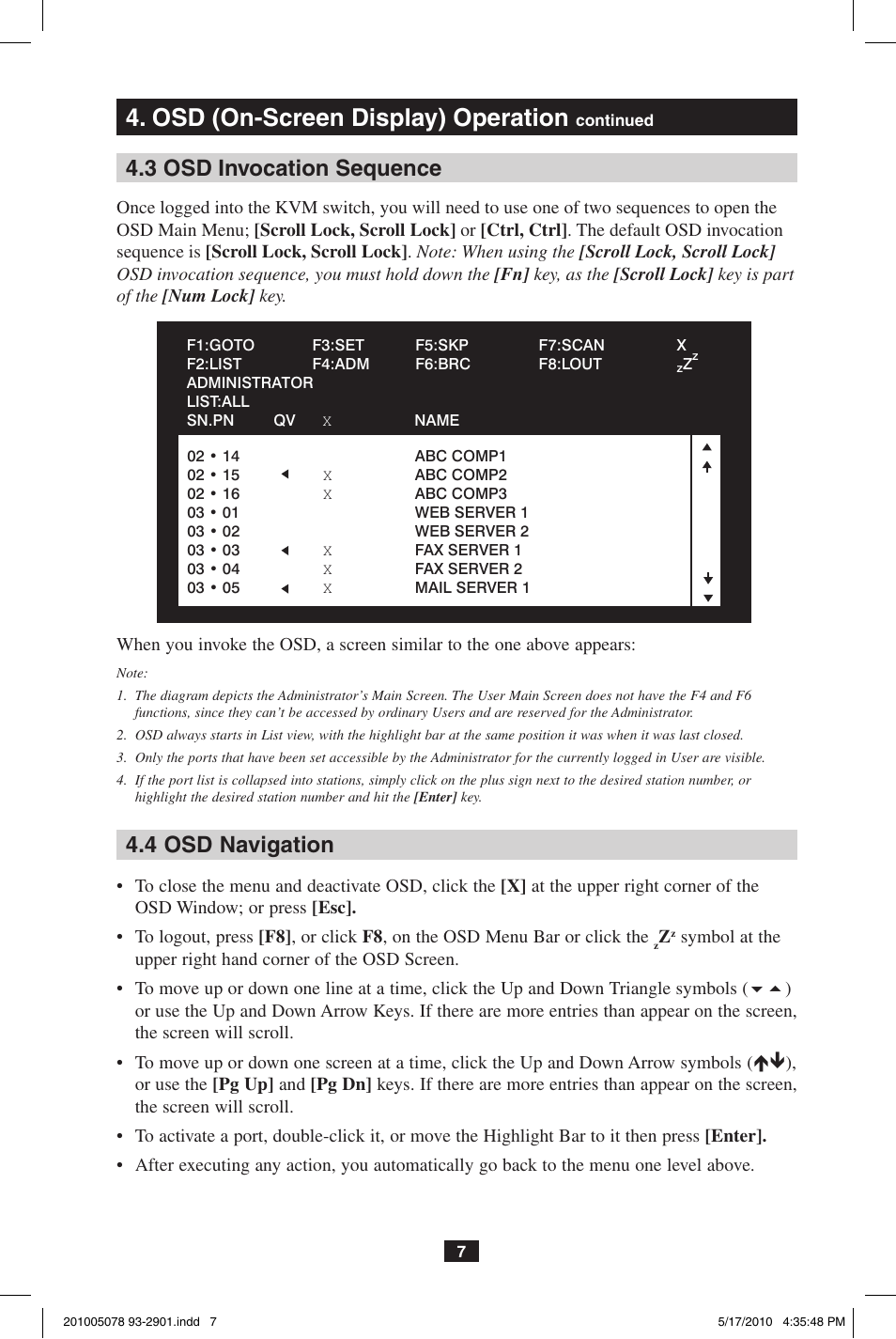 Osd (on-screen display) operation, 4 osd navigation, 3 osd invocation sequence | Tripp Lite B022-U16KVM User Manual | Page 7 / 8