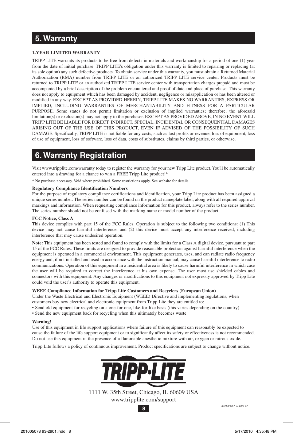 Warranty 6. warranty registration | Tripp Lite B022-U16KVM User Manual | Page 8 / 8