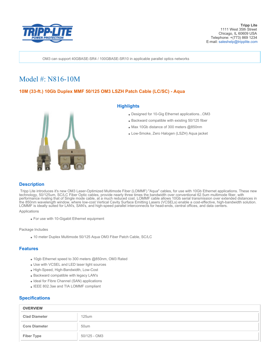 Tripp Lite Multimode Fiber Optics 10-meter N816-10M User Manual | 2 pages