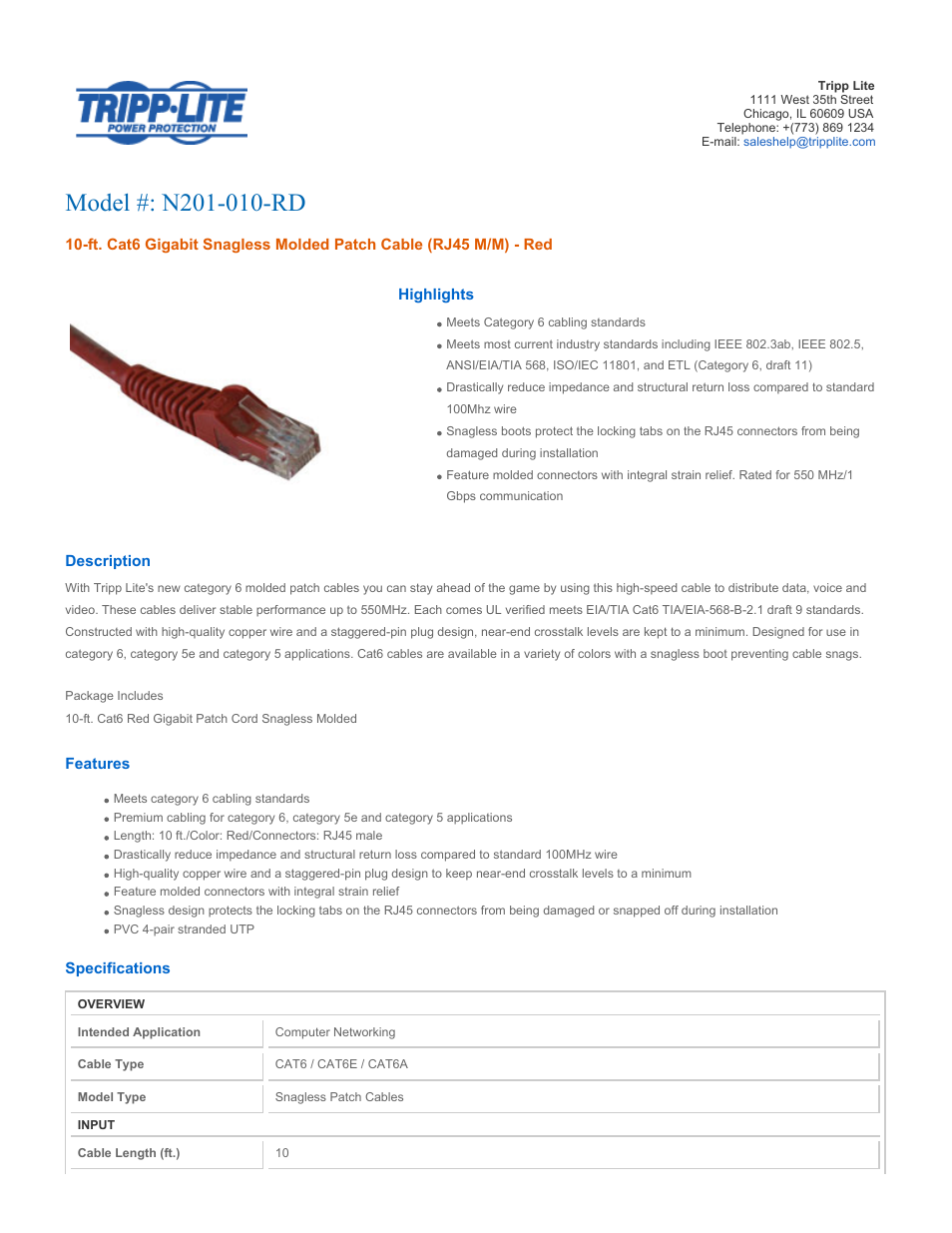 Tripp Lite Red Cat6 Snagless Patch Cable N201-010-RD User Manual | 2 pages