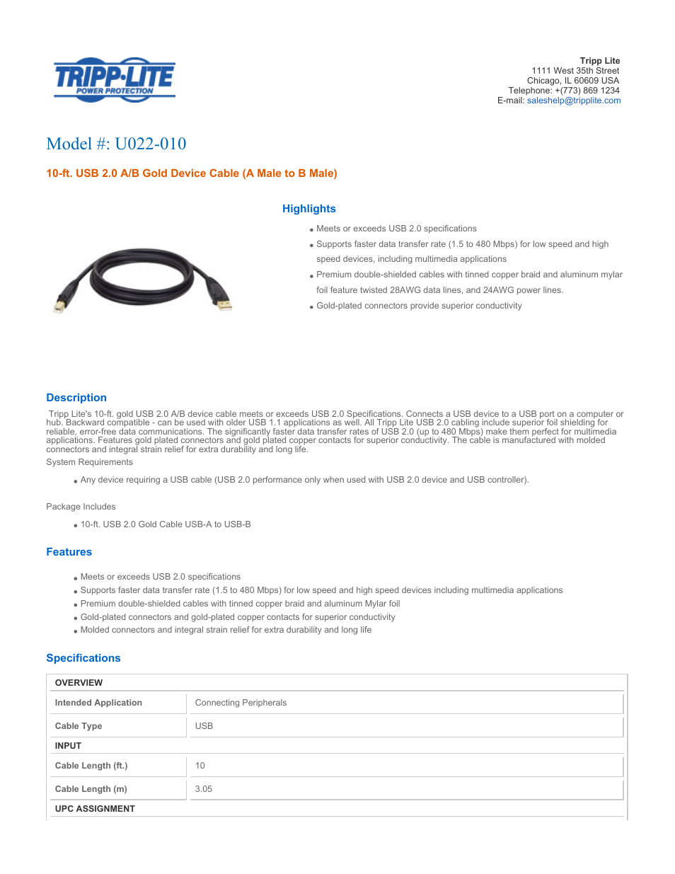 Tripp Lite U022-010 User Manual | 2 pages