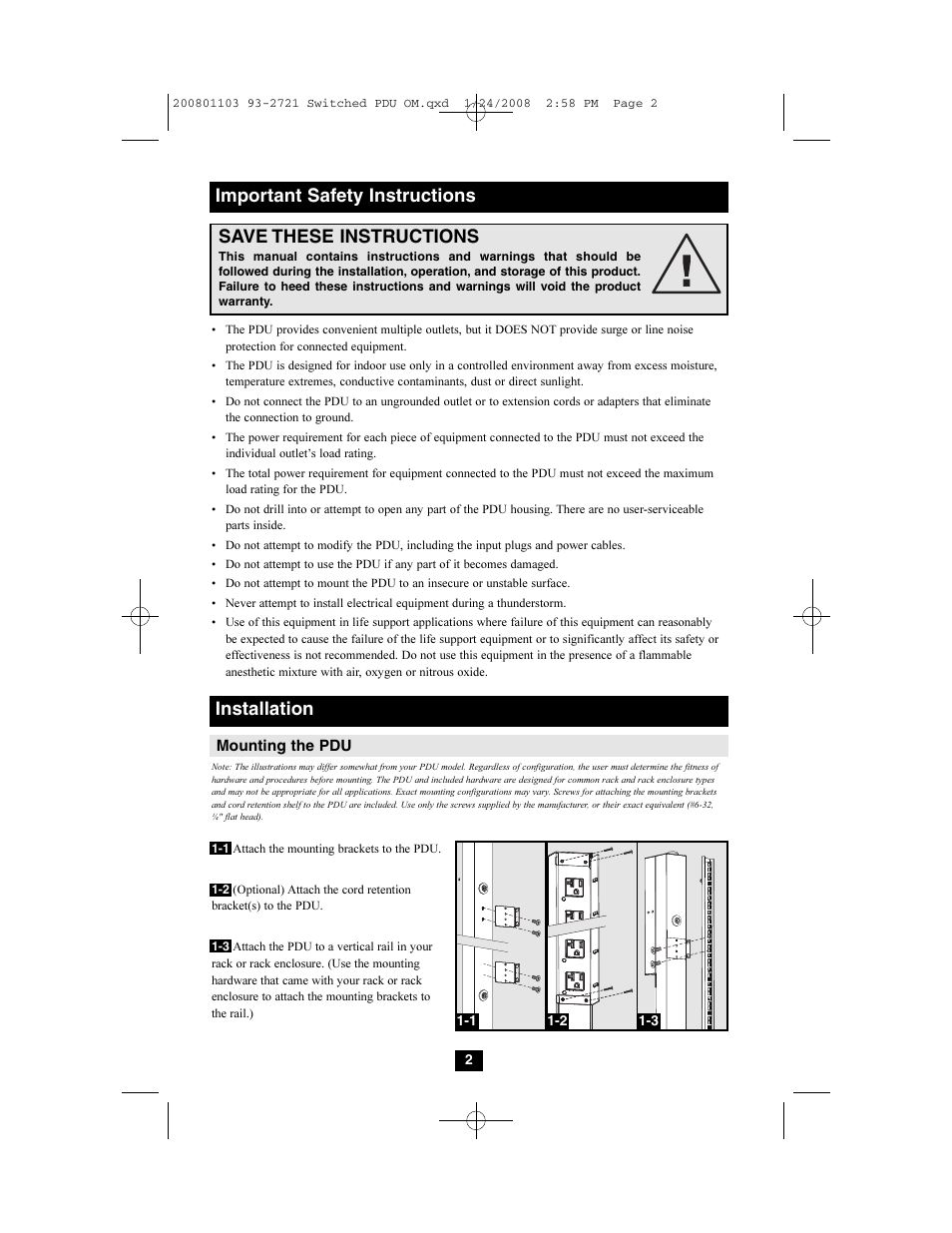 Save these instructions, Important safety instructions installation | Tripp Lite Switched Rack PDU User Manual | Page 2 / 10