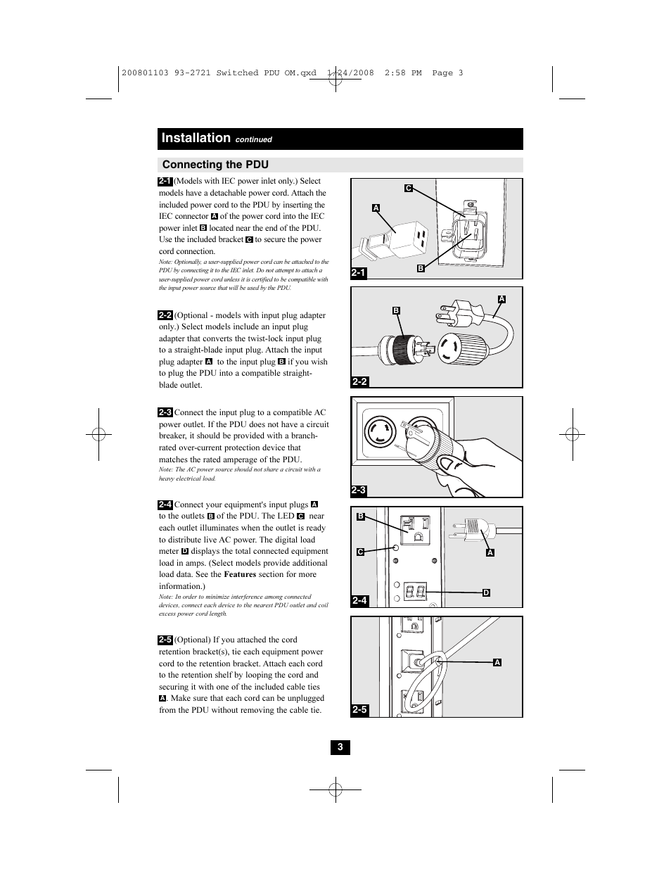 Installation, Connecting the pdu | Tripp Lite Switched Rack PDU User Manual | Page 3 / 10