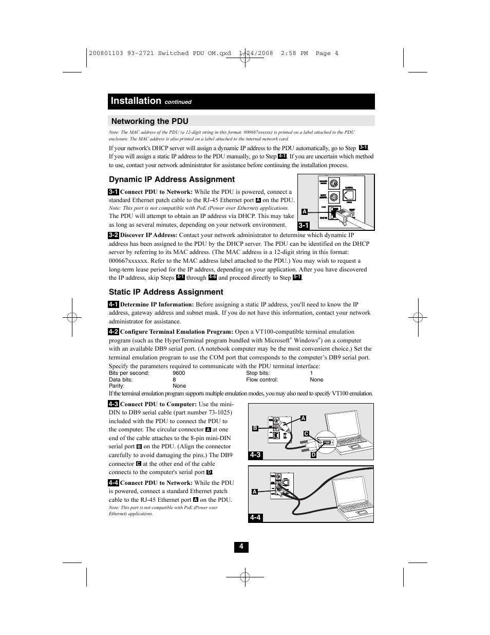 Installation, Networking the pdu, Dynamic ip address assignment | Static ip address assignment | Tripp Lite Switched Rack PDU User Manual | Page 4 / 10