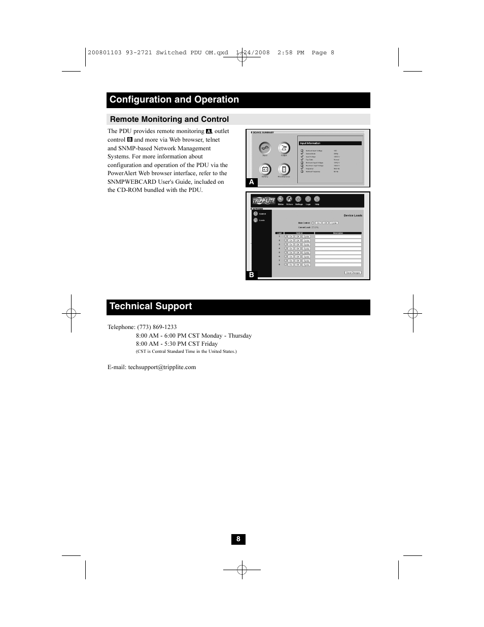 Configuration and operation, Technical support | Tripp Lite Switched Rack PDU User Manual | Page 8 / 10