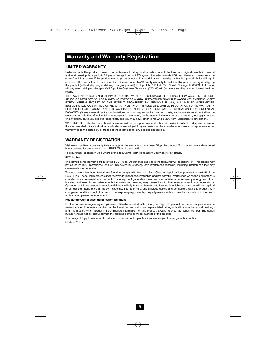 Warranty and warranty registration | Tripp Lite Switched Rack PDU User Manual | Page 9 / 10