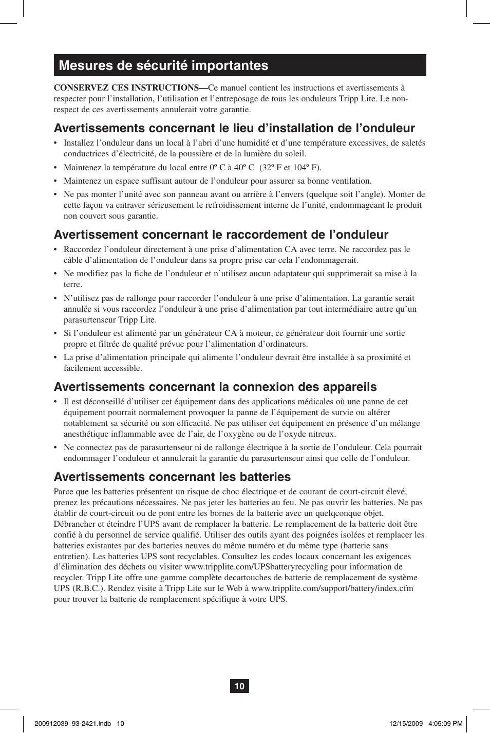Mesures de sécurité importantes, Avertissements concernant les batteries | Tripp Lite OMNIVS500U User Manual | Page 10 / 24