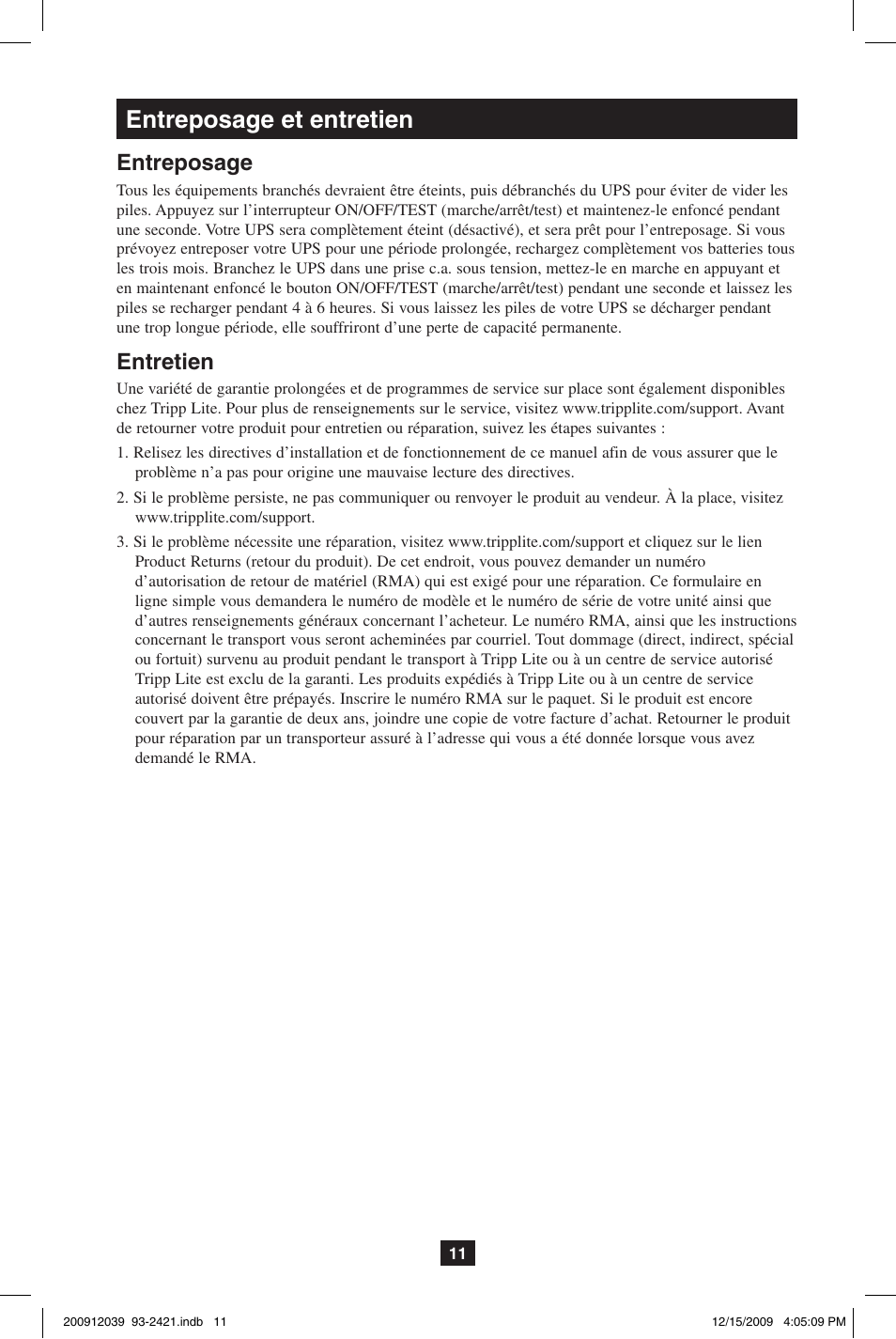 Entreposage et entretien, Entreposage, Entretien | Tripp Lite OMNIVS500U User Manual | Page 11 / 24