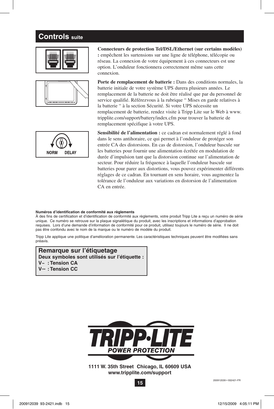Controls, Remarque sur l’étiquetage | Tripp Lite OMNIVS500U User Manual | Page 15 / 24