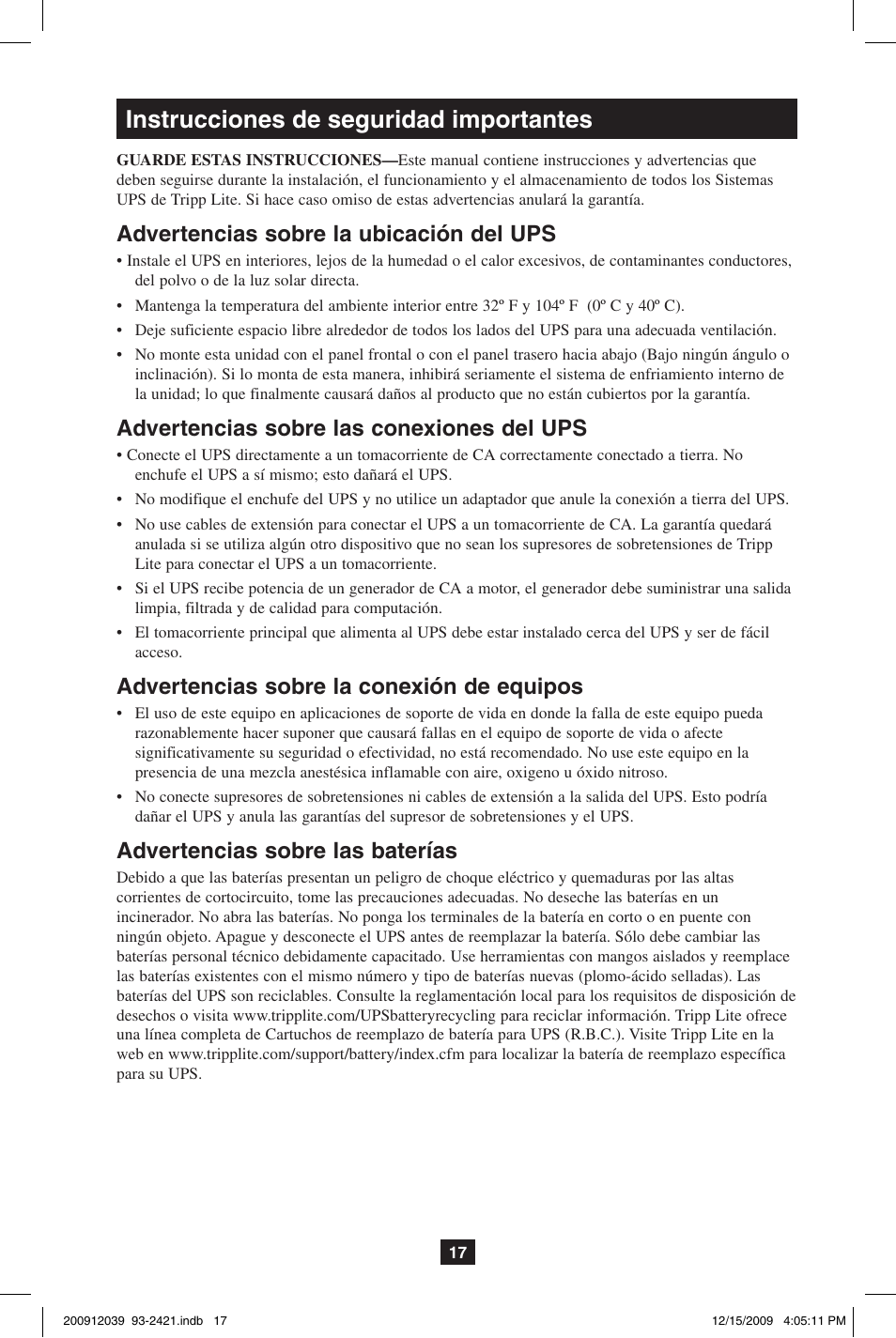 Instrucciones de seguridad importantes, Advertencias sobre la ubicación del ups, Advertencias sobre las conexiones del ups | Advertencias sobre la conexión de equipos, Advertencias sobre las baterías | Tripp Lite OMNIVS500U User Manual | Page 17 / 24