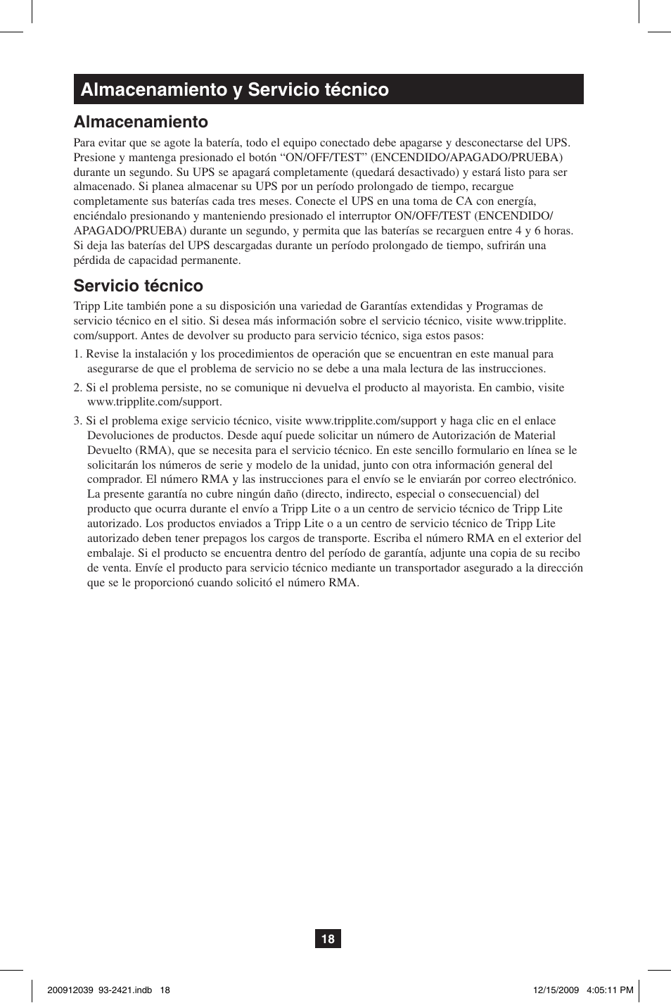 Almacenamiento y servicio técnico, Almacenamiento, Servicio técnico | Tripp Lite OMNIVS500U User Manual | Page 18 / 24