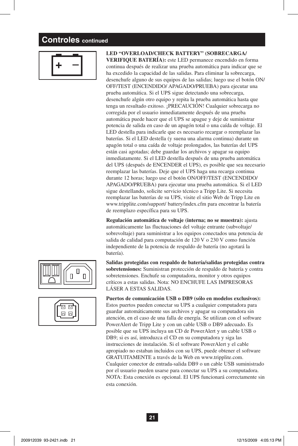 Controles | Tripp Lite OMNIVS500U User Manual | Page 21 / 24