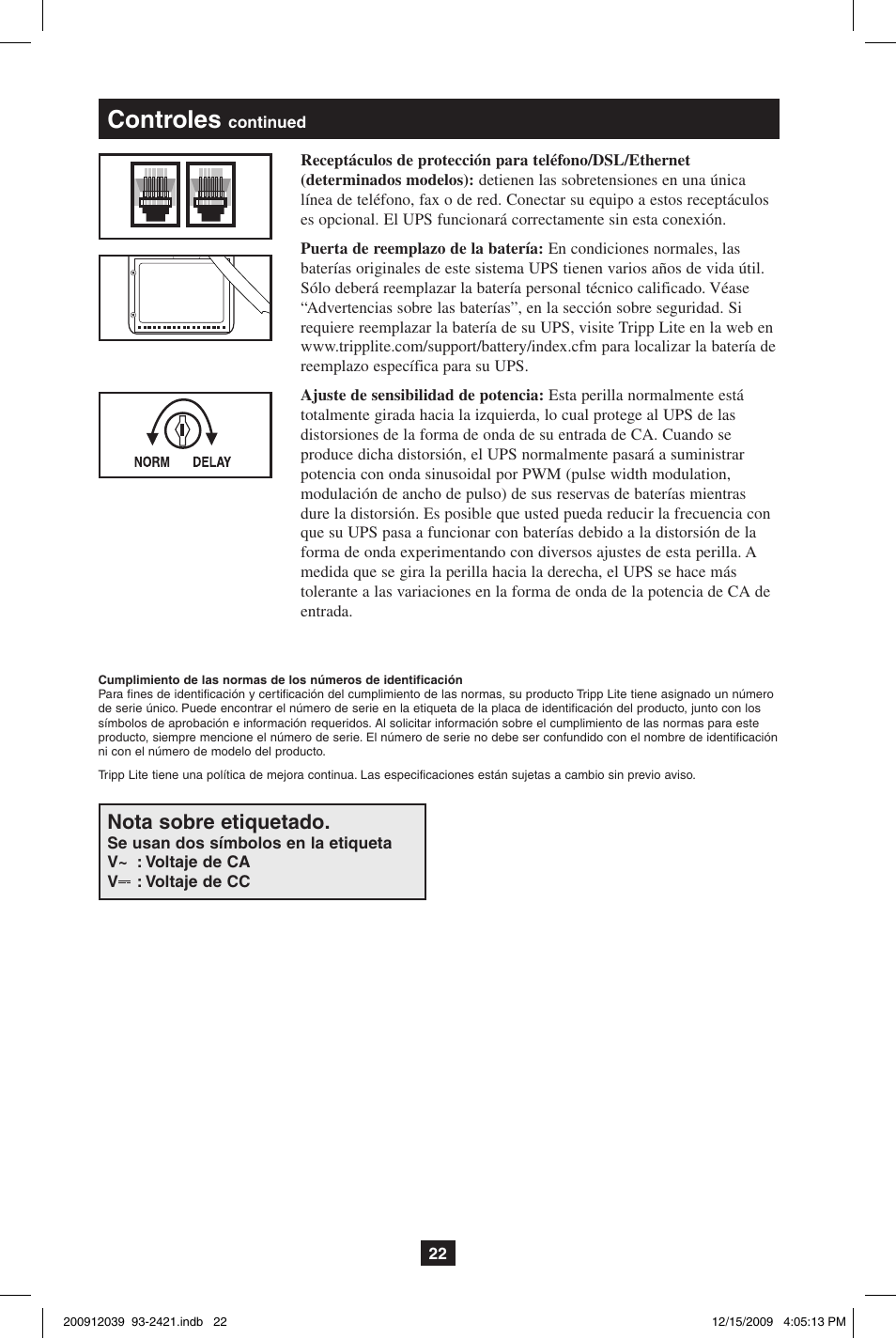 Controles, Nota sobre etiquetado | Tripp Lite OMNIVS500U User Manual | Page 22 / 24