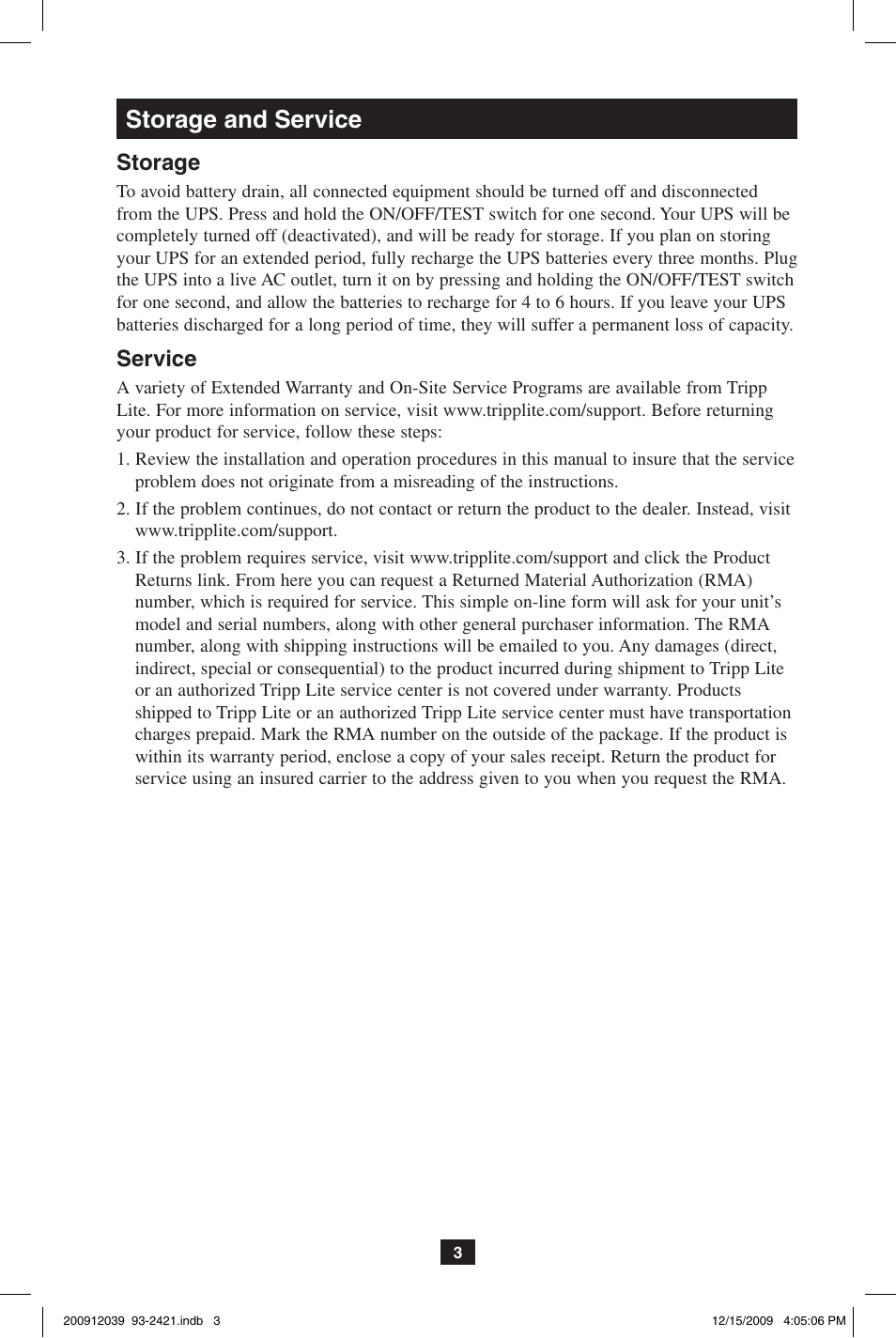 Storage and service, Storage, Service | Tripp Lite OMNIVS500U User Manual | Page 3 / 24