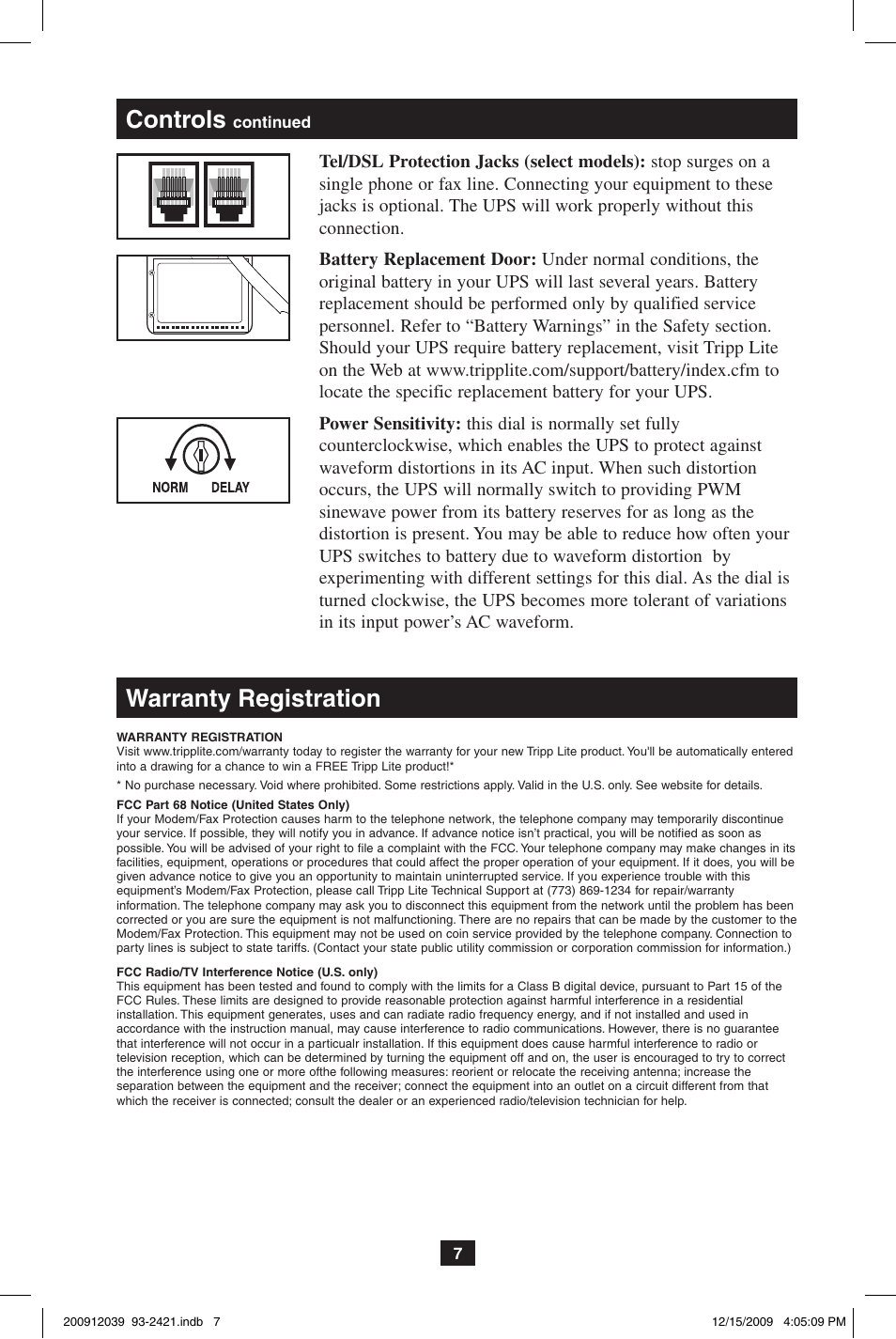 Controls, Warranty registration | Tripp Lite OMNIVS500U User Manual | Page 7 / 24