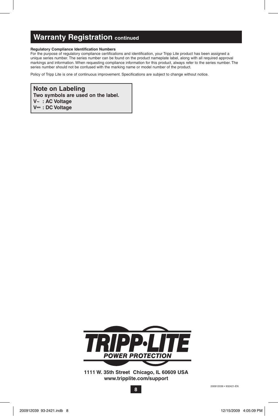 Warranty registration | Tripp Lite OMNIVS500U User Manual | Page 8 / 24