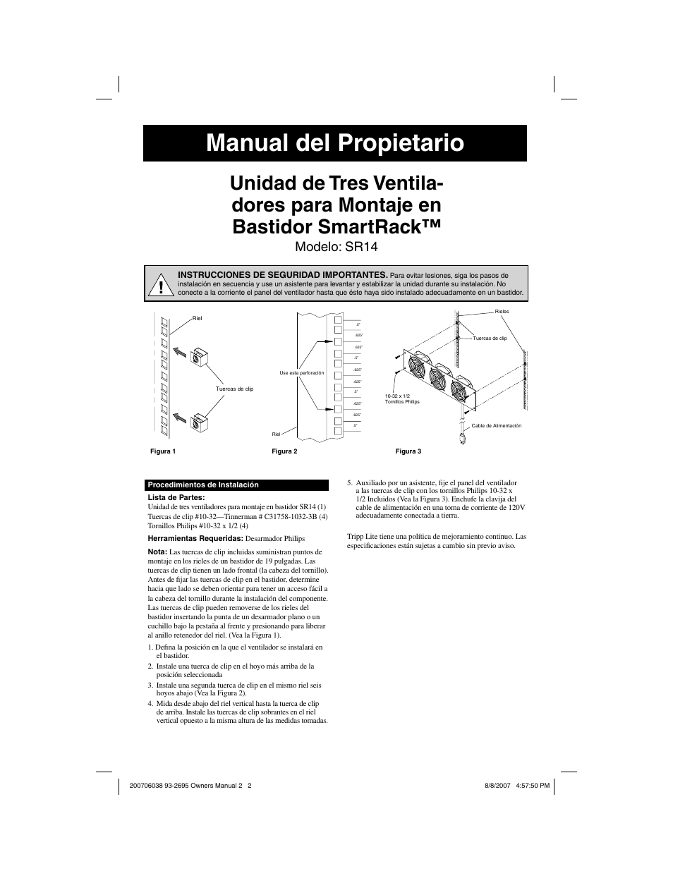Manual del propietario, Modelo: sr14 | Tripp Lite SmartRack Panel-Mount Three-Fan Accessory SR14 User Manual | Page 2 / 4