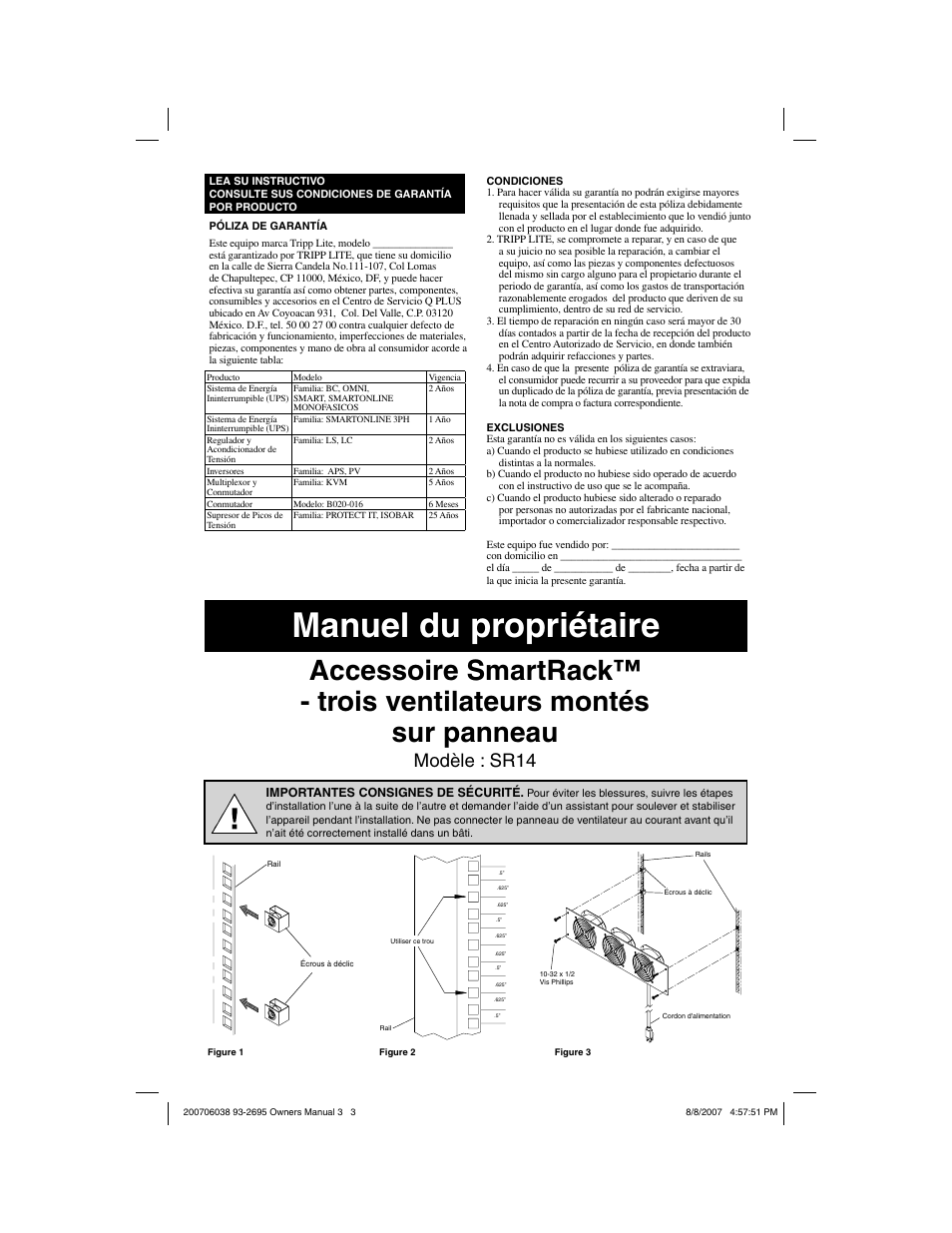 Manuel du propriétaire, Modèle : sr14 | Tripp Lite SmartRack Panel-Mount Three-Fan Accessory SR14 User Manual | Page 3 / 4