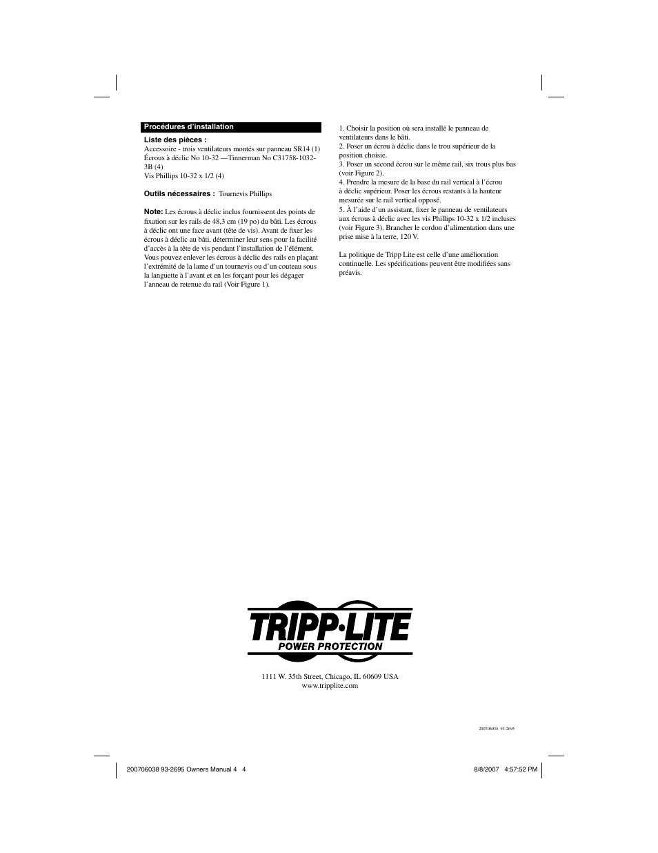 Tripp Lite SmartRack Panel-Mount Three-Fan Accessory SR14 User Manual | Page 4 / 4
