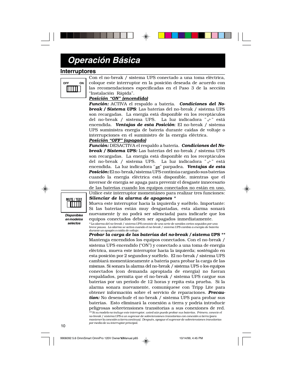 Operación básica, Interruptores | Tripp Lite OmniSmart 450 PNP User Manual | Page 10 / 20