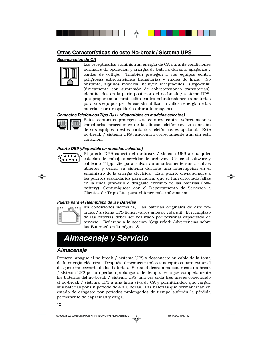 Almacenaje y servicio, Almacenaje | Tripp Lite OmniSmart 450 PNP User Manual | Page 12 / 20