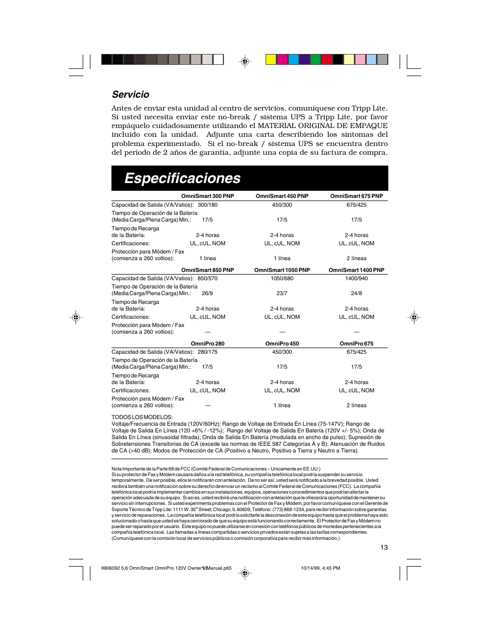 Especificaciones, Servicio | Tripp Lite OmniSmart 450 PNP User Manual | Page 13 / 20