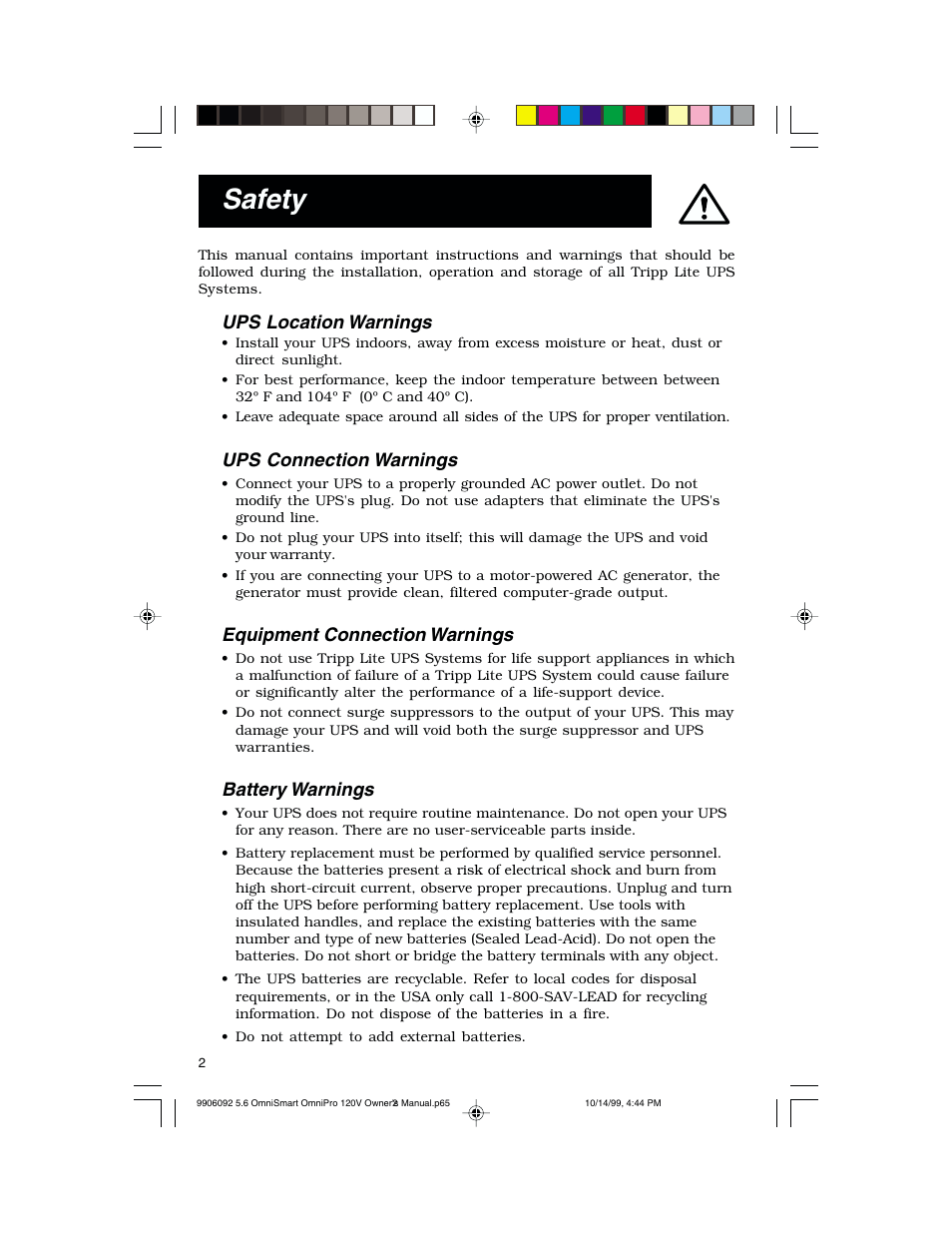 Safety, Ups location warnings, Ups connection warnings | Equipment connection warnings, Battery warnings | Tripp Lite OmniSmart 450 PNP User Manual | Page 2 / 20