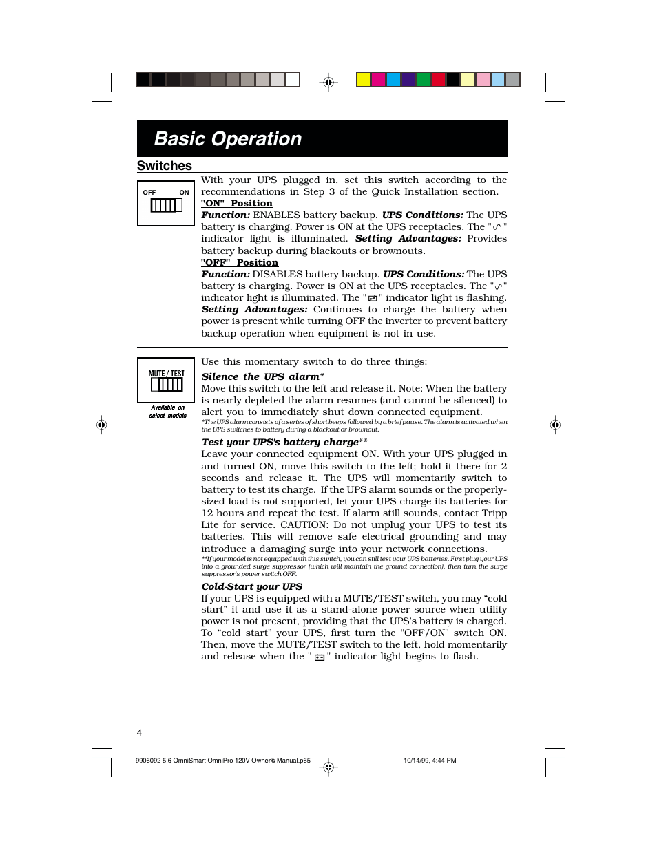 Basic operation, Switches | Tripp Lite OmniSmart 450 PNP User Manual | Page 4 / 20