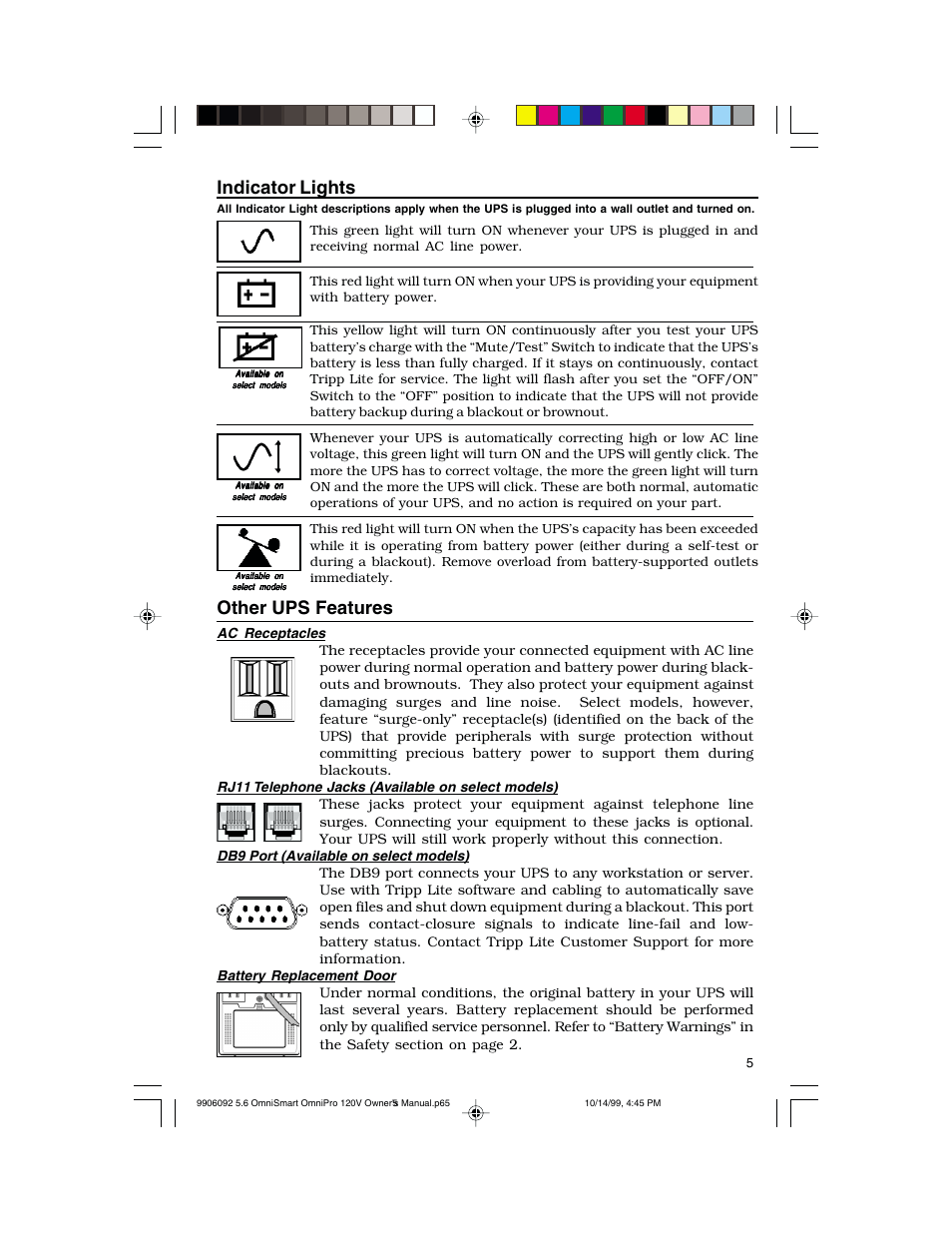 Indicator lights, Other ups features | Tripp Lite OmniSmart 450 PNP User Manual | Page 5 / 20