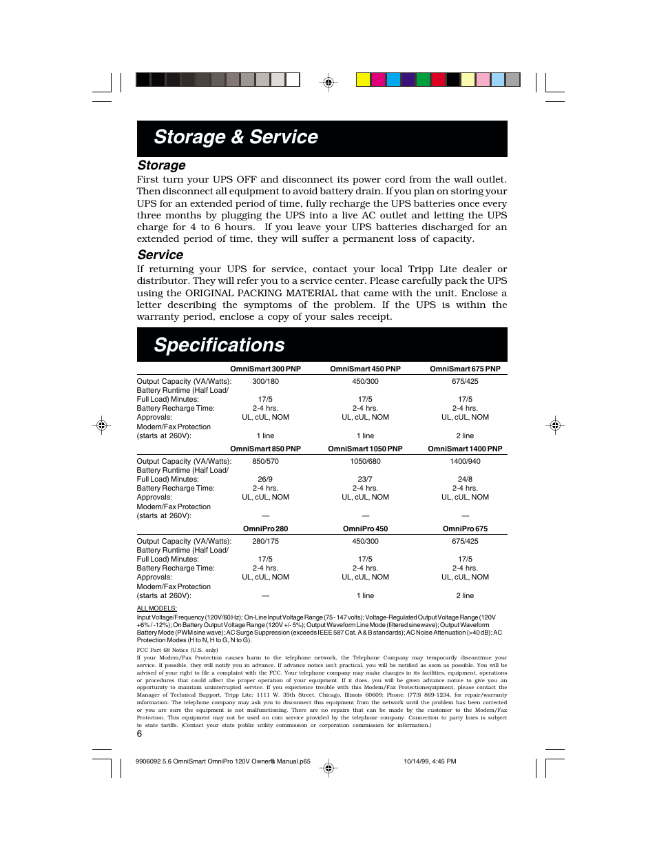 Storage & service, Specifications, Storage | Service | Tripp Lite OmniSmart 450 PNP User Manual | Page 6 / 20