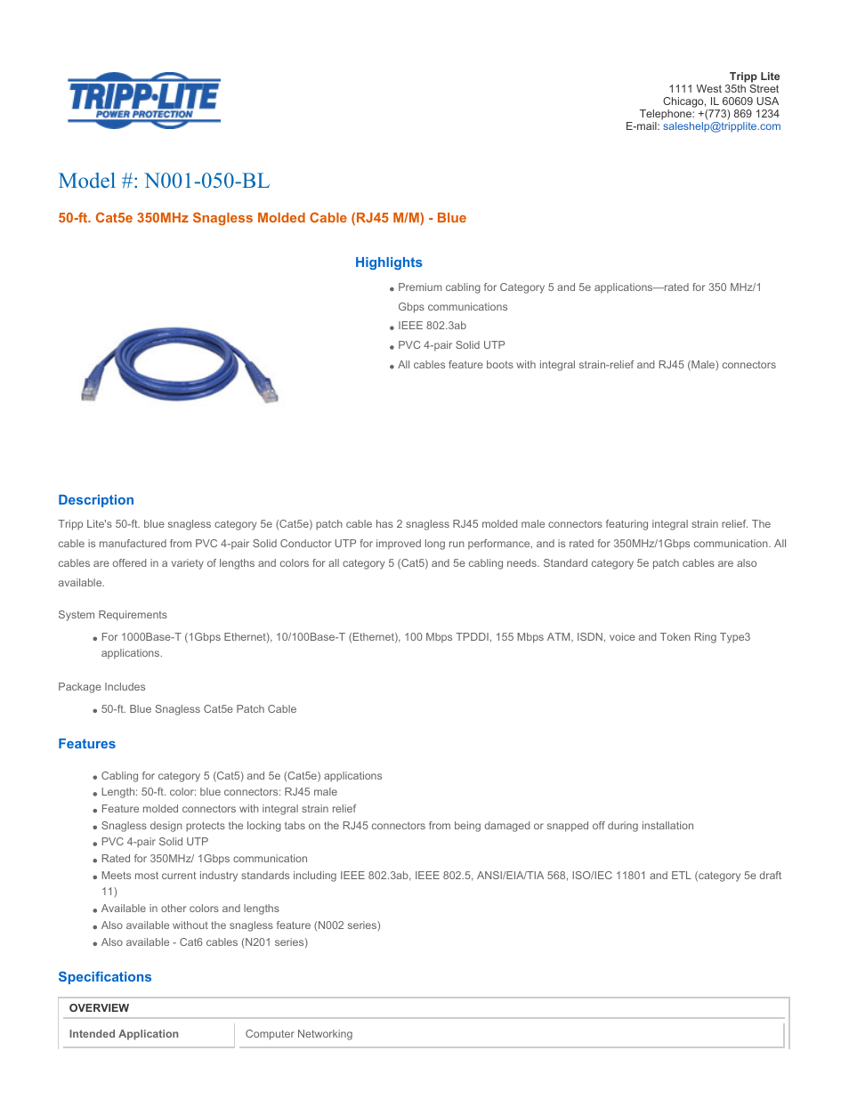 Tripp Lite N001-050-BL User Manual | 3 pages