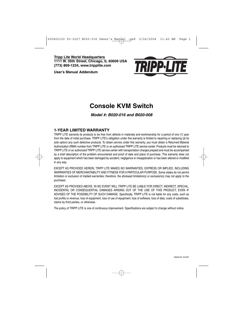 Tripp Lite B020-008 User Manual | 1 page