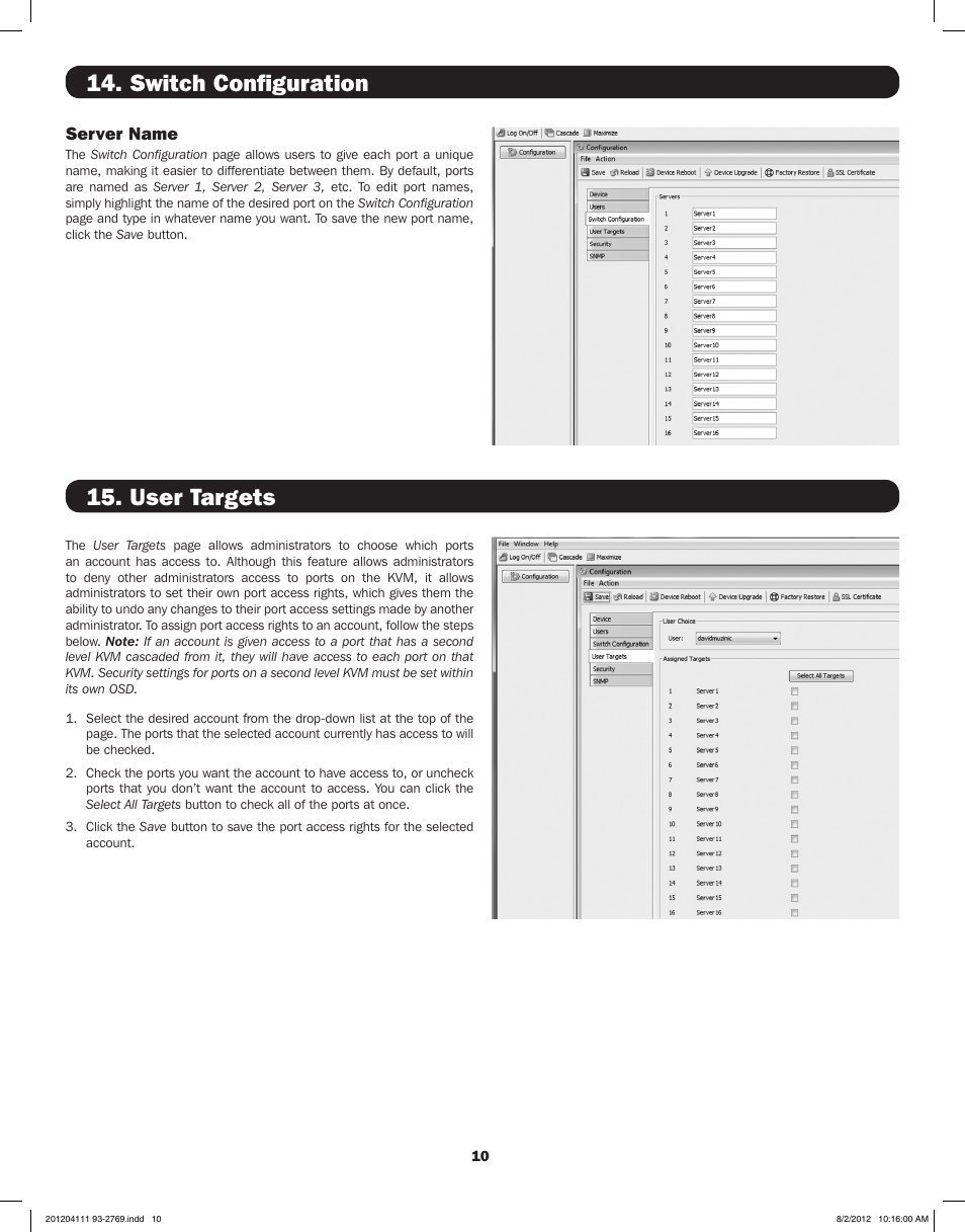 Switch configuration, User targets | Tripp Lite IP CAT5 B072-016-1-IP User Manual | Page 10 / 32