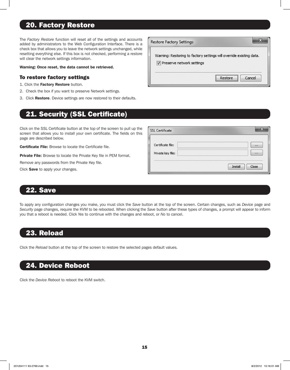 Save, Factory restore, Security (ssl certificate) | Reload 24. device reboot | Tripp Lite IP CAT5 B072-016-1-IP User Manual | Page 15 / 32