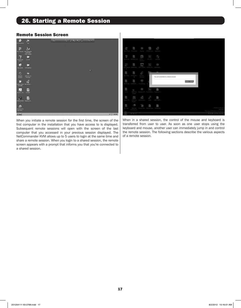 Starting a remote session, Remote session screen | Tripp Lite IP CAT5 B072-016-1-IP User Manual | Page 17 / 32